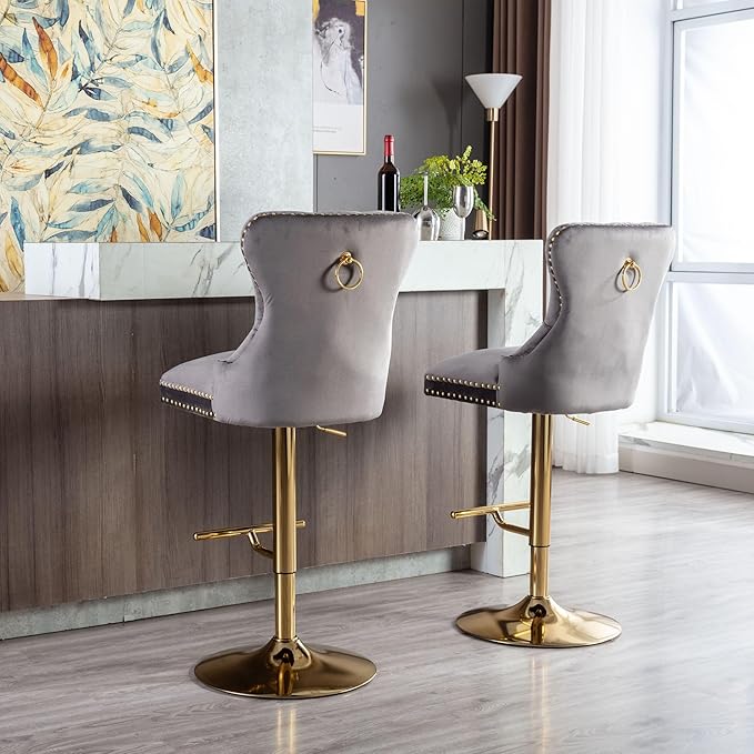 Rhomtree 27-36 Inch Swivel Bar Stools, Adjustable Counter Height Barstools with Tufted High Back & Ring Pull Golden Footrest, Upholstered Bar Chairs for Home Bar Kitchen Island(Grey Set of 2)