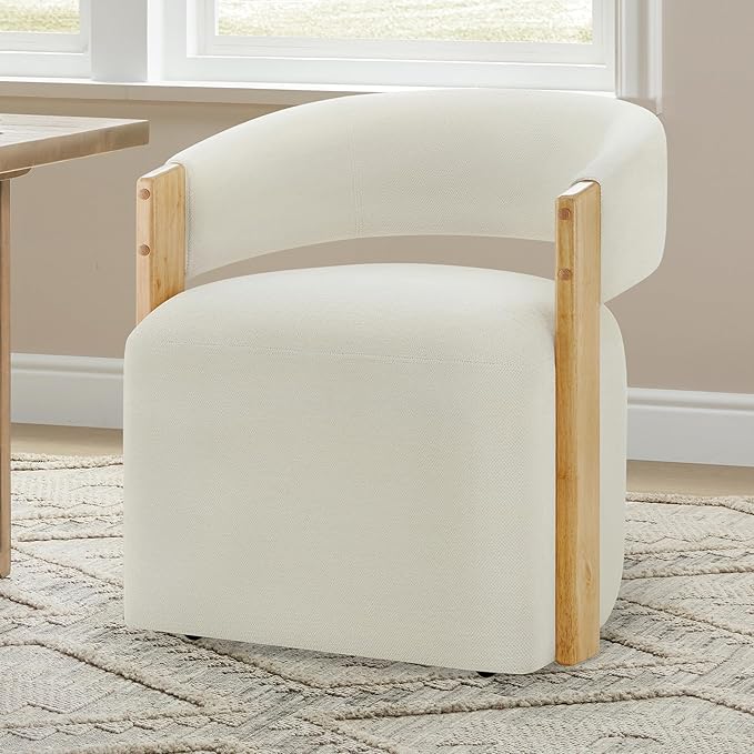 KISLOT Upholstered Dining Chair Set of 1, Barrel Modern Dining Room Chair with Casters, Kitchen Side Wooden Armchair with Fabric Cushion Seat for Bedroom, Livingroom, Reading Room, Beige, 1 Box