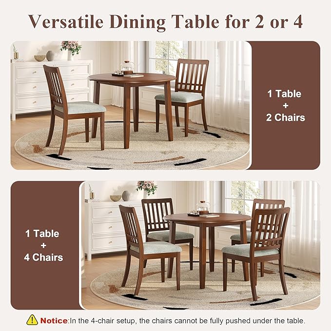 Merax 3-Piece Drop Leaf Round Dining Table Set for 2, Farmhouse Kitchen Table Set with Extendable Round Table and 2 Upholstered Chairs. Wood Table and Chairs Set for Dining Room, Living Room, Brown