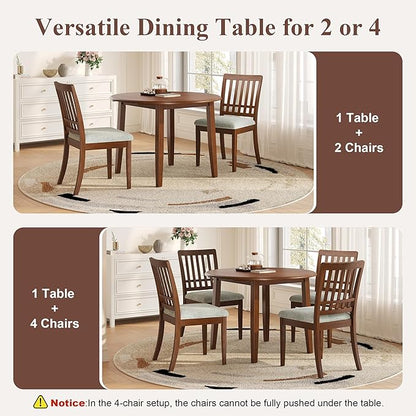 Merax 3-Piece Drop Leaf Round Dining Table Set for 2, Farmhouse Kitchen Table Set with Extendable Round Table and 2 Upholstered Chairs. Wood Table and Chairs Set for Dining Room, Living Room, Brown