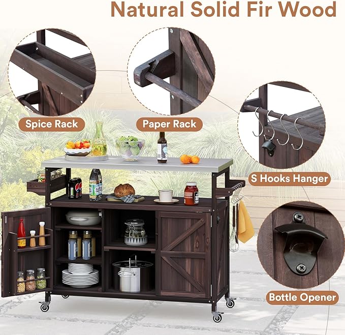 Zevemomo Outdoor Grill Cart with Storage Space, Stainless Steel Tabletop Outdoor Kitchen Island, Fir Wood Outdoor Buffet Cabinet with Lockable Casters for Grilling, Brown