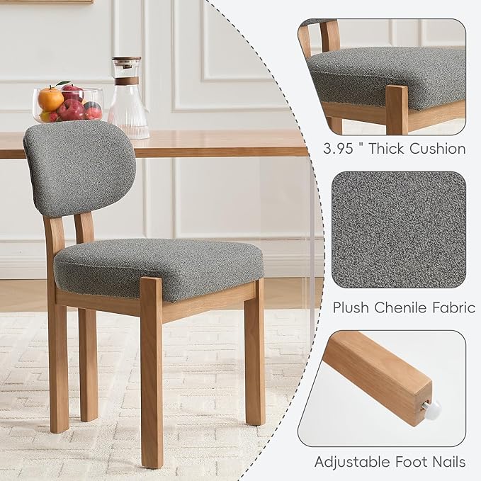 Chenille Dining Chairs Set of 4, Comfy Upholstered Dining Room Chairs Mid Century Modern Farmhouse Fabric Kitchen Chairs with Rubber Wood Legs for Dining Room Kitchen Island Home (Grey)