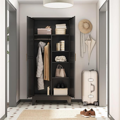 Metal Combination Cabinet, Utility Storage Cabinet with 4 Shelves, Farmhouse Pantry Closet with Doors, 71" Tall Storage Cabinets with Hanging Rod and Clothing Shelf for Hallway Laundry Mudroom