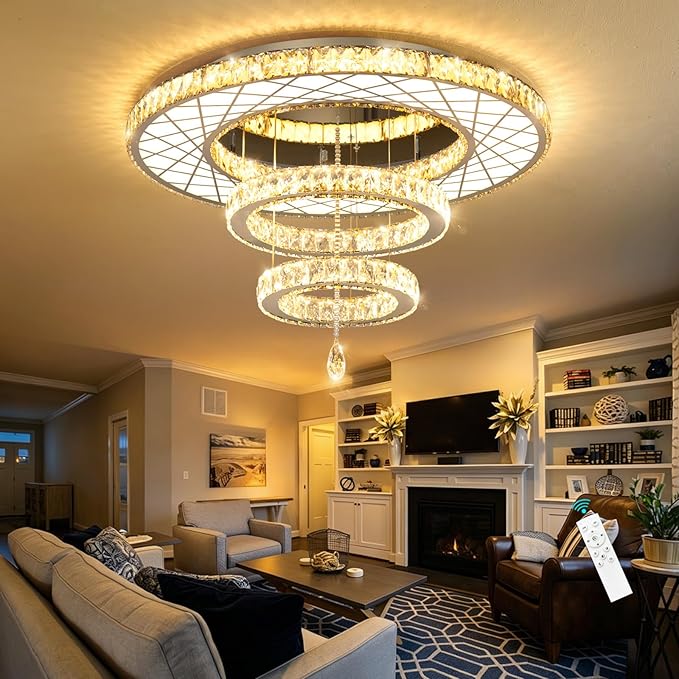 32"W Modern Chandeliers Living Room Light Crystal Flat Mounted Ceiling Lights Dining Room Light Bedroom Ceiling Drop Lighting Fixture Remote Dimmable Lights Bright Light with Dimming Night Light LED