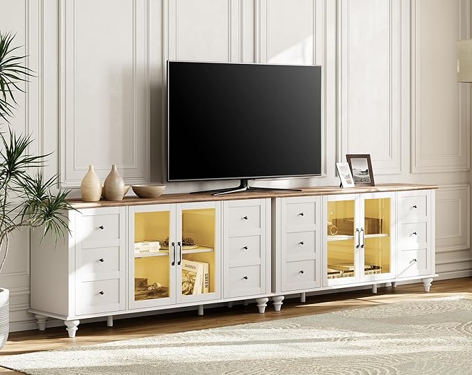WAMPAT 2-in-1 Sideboard Buffet Cabinets with Glass Door, Kitchen Storage Cabinets, Wood Coffee Bar Tables, Accent Sideboard Storage Cabinet Table Dining Room, Living Room,White
