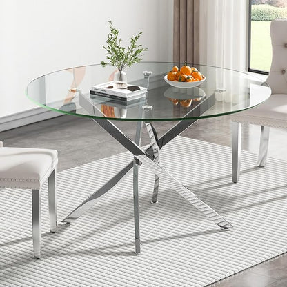 Modern Glass Dining Table Round Dining Room Table with Tempered Glass Top, Silver Metal Legs Circle Kitchen Dining Room Table for 4-6 People, 47" D x 47" W x 30" H