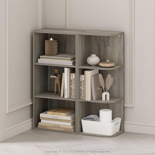Furinno Reed Corner Shelf, 3-Tier Corner Bookshelf, Book Shelf, Corner Shelves, Storage Rack, for Organization and Storage, Home Office, Living Room, French Oak
