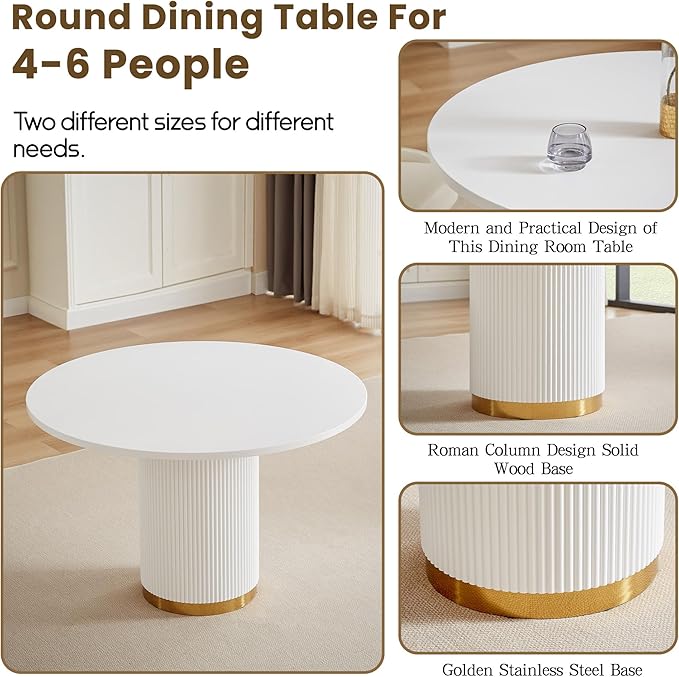 Round Dining Table Set for 6, 46.46" Modern Farmhouse Dining Table and 4 Leather Dining Chair, Circle Kitchen Tables with Wood & Gold Stainless Steel Base for Living Room, Kitchen,White