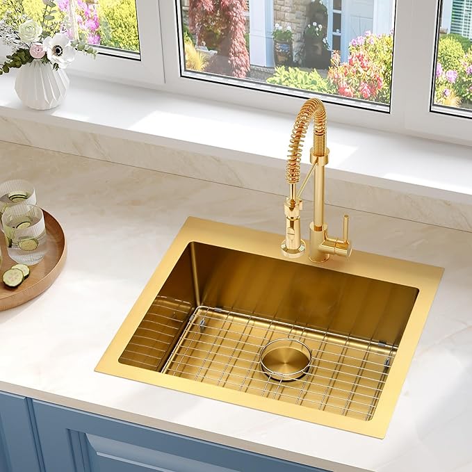 Gold Kitchen Sink 25"x22",Drop In Laundry Utility Sink,25 Inch Gold Sink 16 Gauge Stainless Steel,Top Mount Single Bowl Deep Kitchen Sinks
