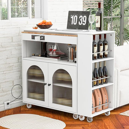 Modern Dining Table with Kitchen Island on Wheels Expandable Wood Table with Counter Console Living Room Luxury Decor,White-MDF