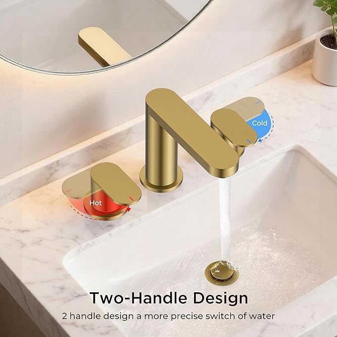 QFN Brushed Gold Bathroom Faucets 3 Hole, 8 inch Widespread Bathroom Faucet with Pop Up Drain and 24" cUPC Supply Hoses, Lead-Free Two Handles Suitable for 6-12 Inch RV, Restroom, Vanity Sink