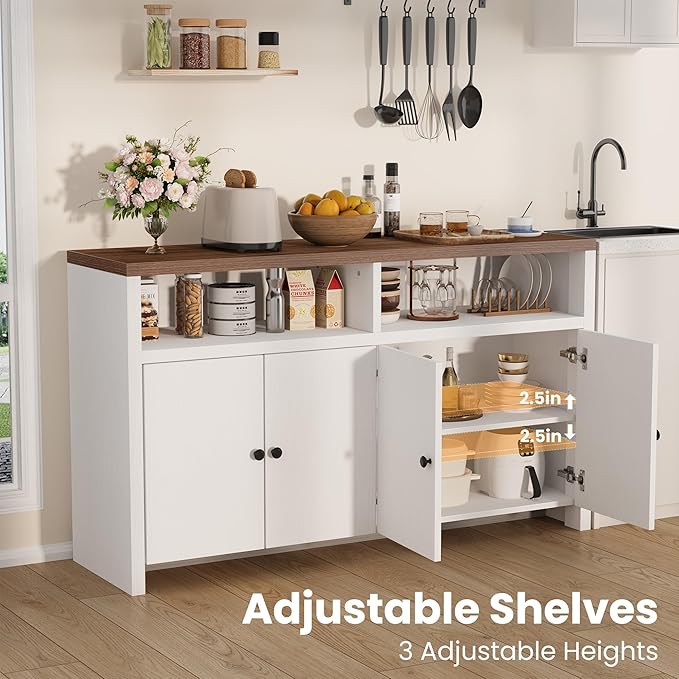 IDEALHOUSE Sideboard Buffet Cabinet with Storage, 55" Large Farmhouse Kitchen Storage Cabinet with 4 Doors & Adjustable Shelves, Wood Coffee Bar Cabinet for Kitchen, Dining Room, Living Room, White