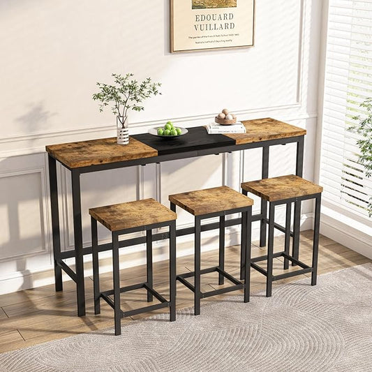 4 Piece Modern Design Kitchen Dining Table,1 Bar Table and Small Kitchen Table Set for 3,Wooden Counter Height Table Set for Kitchen,Convenient Hanging Stool Design,Dining Room Island Table (Natural)