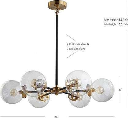 JONATHAN Y 28" Black/Brass Gold Modern 6-Light Cluster Pendant Chandelier, Clear Glass Shade Hanging Fixture for Kitchen Island Dining Room, LED Bulbs Included, Dimmable JYL9015A