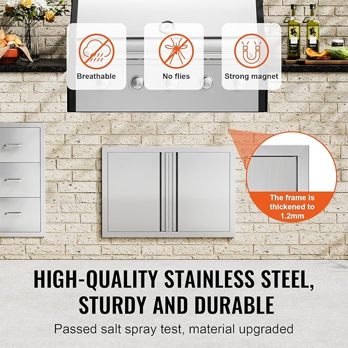 VEVOR Double Outdoor BBQ Kitchen Door, 28" W x 19" H Inch, Stainless Steel Flush Mount Vertical Door with Recessed Handles for Grilling Station