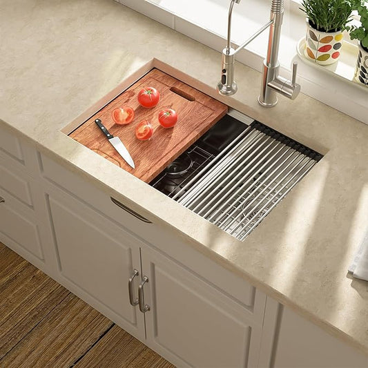 Lordear 28 Inch Undermount Kitchen Sink Double Bowl Stainless Steel 16 Gauge Undermount Workstation 60/40 Sink with Smart Low Divider 28x19 Inch Double Basin Under Counter Kitchen Sinks