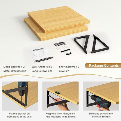Acovy Deep Floating Shelves Wall Mounted, 12"x12" Oak Wall Shelves with Brackets Set of 2 for Bedroom, Living Room, Bathroom, Kitchen, Office - Storage & Display Shelf for Decor, Books, Plants