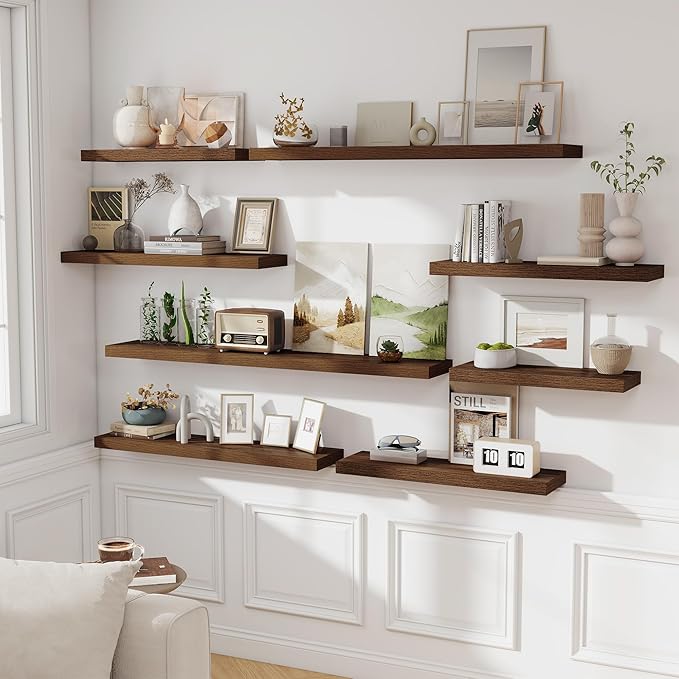 Fun Memories Floating Shelves for Wall, 32W x 8D Floating Wall Shelves with Invisible Brackets Set of 2, Hanging Rustic Wood Shelf Decoration for Bedroom, Bathroom, Living Room and Kitchen, Walnut
