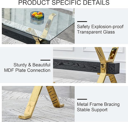 79" Glass Dining Table, Modern Kitchen Table, Modern Dining Table for 8, 0.5" Thick Tempered Glass Tabletop with Gold Chrome Metal Legs and Black Crossbar, Ideal for Dining Room, Kitchen
