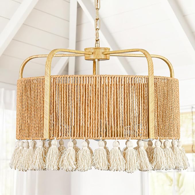 20” Rattan Chandelier, 4-Light Large Hand Woven Boho Chandelier with Fabric Shade, Farmhouse Light Fixtures for Dining Room & Kitchen Island (Brown, 20")