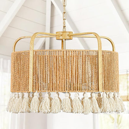20” Rattan Chandelier, 4-Light Large Hand Woven Boho Chandelier with Fabric Shade, Farmhouse Light Fixtures for Dining Room & Kitchen Island (Brown, 20")