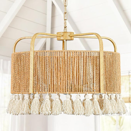 20” Rattan Chandelier, 4-Light Large Hand Woven Boho Chandelier with Fabric Shade, Farmhouse Light Fixtures for Dining Room & Kitchen Island (Brown, 20")