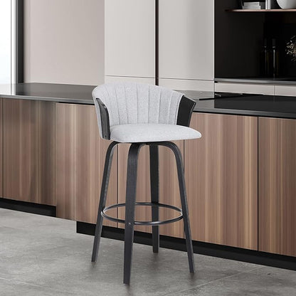 Armen Living Diana 26" Seat Height Mid Century Modern Swivel Black Wood Bar Stool for Kitchen Island Counter in Light Gray Fabric