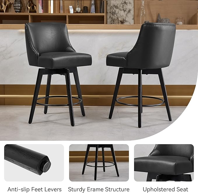 Counter Height Bar Stools Set of 2, Swivel Barstools with Backs and Wood Legs, Faux Leather Upholstered Counter Stools for Kitchend Island, Mid-Century Modern 26" Seat Height Bar Chairs, Black