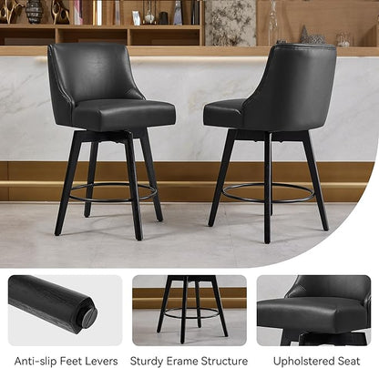 Counter Height Bar Stools Set of 4, Swivel Barstools with Backs and Wood Legs, Faux Leather Upholstered Counter Stools for Kitchend Island, Mid-Century Modern 26" Seat Height Bar Chairs, Black