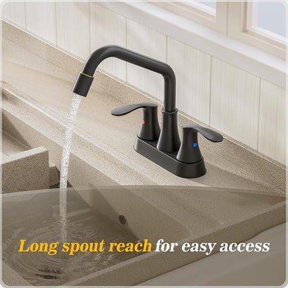 Phiestina Black Utility Sink Faucet 3 Hole, Laundry Sink Faucet with Pull Out Sprayer, Long Spout Dual Handle Modern Bathroom Faucet, 4 Inch CenterSet Laundry & Utility Room Sink Faucets, LF36CL-2M-MB