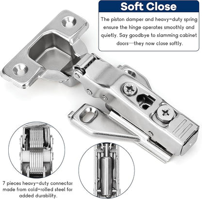 2 Pack 1/2'' Overlay Face Frame Soft Close Hidden Cabinet Hinges, 105 Degree 3D Adjustable Clip On Plate Concealed Kitchen Cupboard Door Hinges with Screws