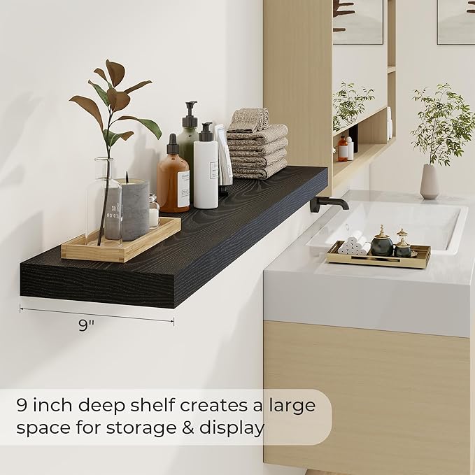 Dreamland 48 Inch Long Floating Shelves in Black,9.3 Inch Deep Floating Shelf for Wall,Large Display & Storage Shelf, Wall Shelf for Bathroom Bedroom Living Room Kitchen Office，Set of 2