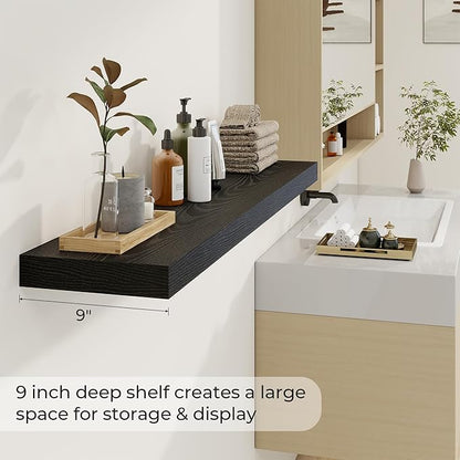 Dreamland 48 Inch Long Floating Shelves in Black,9.3 Inch Deep Floating Shelf for Wall,Large Display & Storage Shelf, Wall Shelf for Bathroom Bedroom Living Room Kitchen Office，Set of 2
