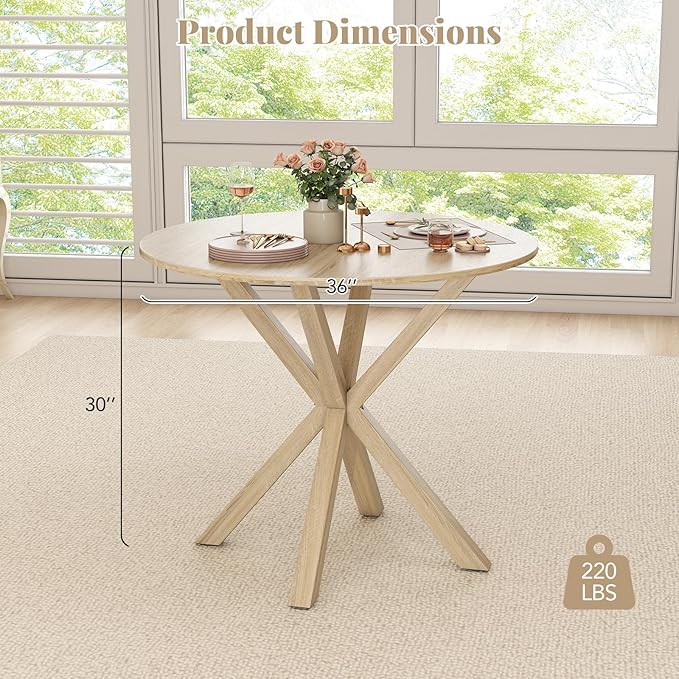 Giantex 36" Round Dining Table for 4, Farmhouse Kitchen Table with Rubber Wood Legs, Adjustable Foot Pads, Dining Room Tables for Dinette, Small Space, Dinner, Living Room, Restaurant, Oak