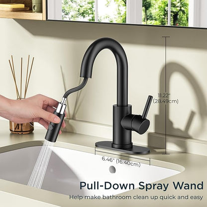 FORIOUS Matte Black Bathroom Faucet with Pull Down Sprayer, Single Hole Bar Sink Faucet 1 Hole with Pop Up Drain Hose, Suitable for Bathroom, RV,Vanity, Restroom & Utility Sink