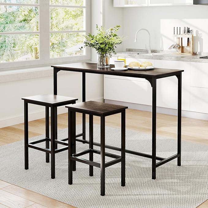 COSTWAY 3-Piece Dining Table Set, 47.5" Industrial Counter-Height Kitchen Table and 2 Bar Stools, High Top Rectangular Pub Table and Chairs for Dining Room Small Place Breakfast Nook Bistro (Grey)
