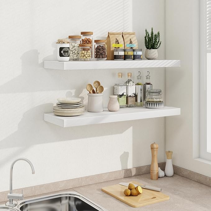 Fun Memories 36 Inch Floating Shelves in White, 9.3 Inch Deep Floating Shelf for Bathroom Living Room Kitchen, Rusitc Wall Mounted Bathroom Shelves 2 Pack, Heavy-Duty Deep Shelf for Books Decor