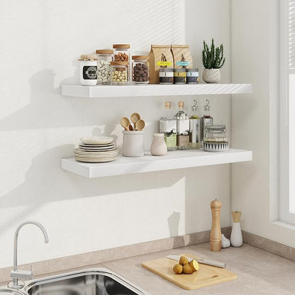 Fun Memories 36 Inch Floating Shelves in White, 9.3 Inch Deep Floating Shelf for Bathroom Living Room Kitchen, Rusitc Wall Mounted Bathroom Shelves 2 Pack, Heavy-Duty Deep Shelf for Books Decor