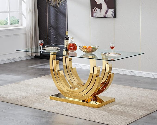 70" Luxury Glass Dining Table for 4 to 6 People, Modern Dining Room Table, Tempered Glass Top & Mirrored Finish Stainless Steel Pedestal, Large Rectangle Kitchen Dining Table Long Dinner Table, Gold