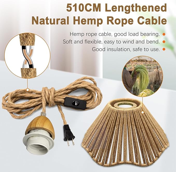 Farmhouse Hanging Lights with Plug in Cord, 16.7FT Rustic Hemp Rope Pendant Light Cord, 23x10 cm Hemp Rope Woven Lampshade Pendant Light Fixtures, E26 E27 Bulb Socket Boho Hanging Lamp, for Bedroom
