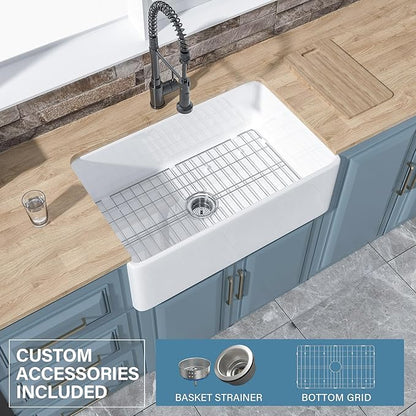 White Farmhouse Kitchen Sink 30 x 20 Inch, Firecaly Apron Front Undermount Farm Sink Deep Single Bowl for Kitchen, w Custom Accessories 2 Types