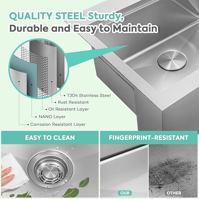 Rhbamoa 26 Inch Stainless Steel Farmhouse Sink,16-Gauge T304 Stainless Steel Drop in Kitchen Sinks,Small Single Bowl Apron Front Farm Sink,10 Inch Depth Topmount Workstation Sinks with All Accessories