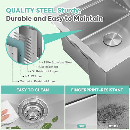 Rhbamoa 26 Inch Stainless Steel Farmhouse Sink,16-Gauge T304 Stainless Steel Drop in Kitchen Sinks,Small Single Bowl Apron Front Farm Sink,10 Inch Depth Topmount Workstation Sinks with All Accessories