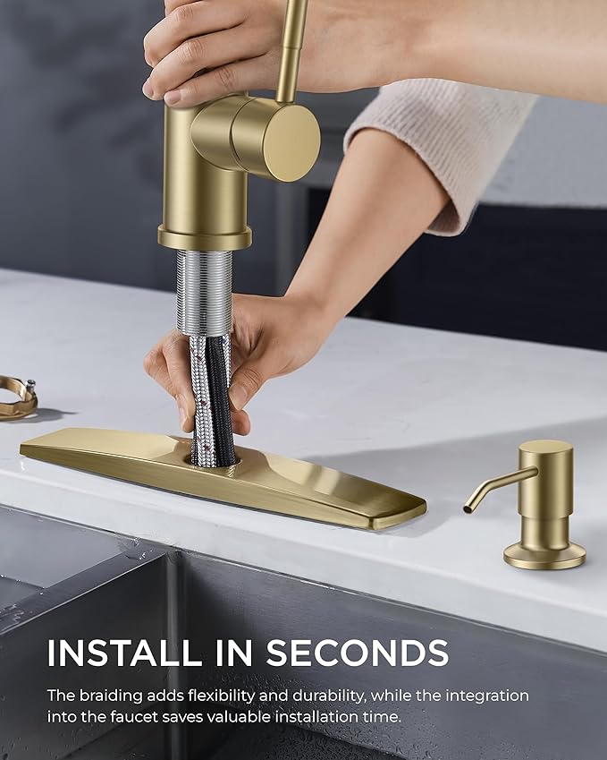 FORIOUS Gold Kitchen Faucet with Soap Dispenser, Stainless Steel Sink Faucet with Pull Out Sprayer Modern Single Handle Suitable for RV Bar Farhouse Laundry Outdoor