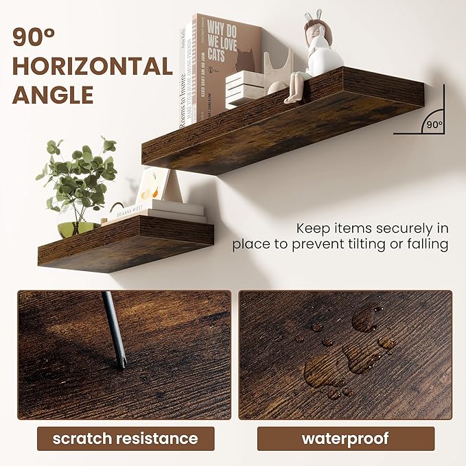 Acovy 16 Inch Floating Shelves for Wall 2 Pack, 16" Wall Shelves for Books, Storage, Decor, Wall Mounted Floating Shelf with Invisible Brackets for Kitchen, Living Room, Brown