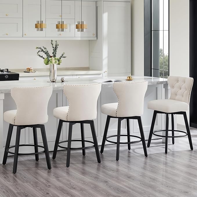 KISLOT Counter Height Barstools 26 inch Upholstered Button Tufted Swivel Bar Stools with Back for Kitchen Island,Set of 2,Beige Fabric