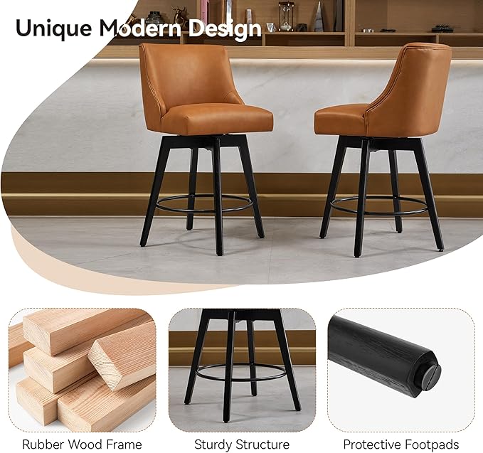 Vipbear Counter Height Bar Stools Set of 2, 26" H Swivel Bar Stools with Backs, PU Leather Upholstered Bar Chairs with Solid Wood Legs for Kitchen Island, Dining Room, Home Bar, Brown