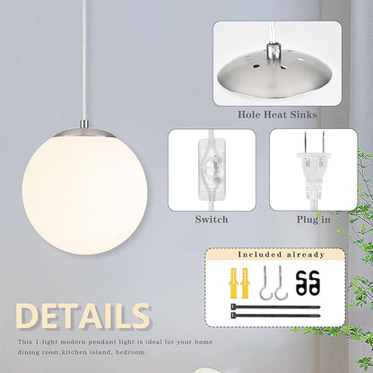 KoKo&Yukina 10" Globe Pendant Light Nickel Plug in Pendant Light Adjustable Hanging Lights with Plug in Cord Nickel Finished with Milk Glass Lampshade for Bedroom Kitchen Island (Bulb Included)