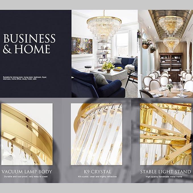 Gold Crystal Chandelier Lighting Modern Contemporary Empress Chandeliers Pendant Ceiling Lamp Light Fixture 7-Tier for Dining Living Room Hotel 24 Lights W39.4