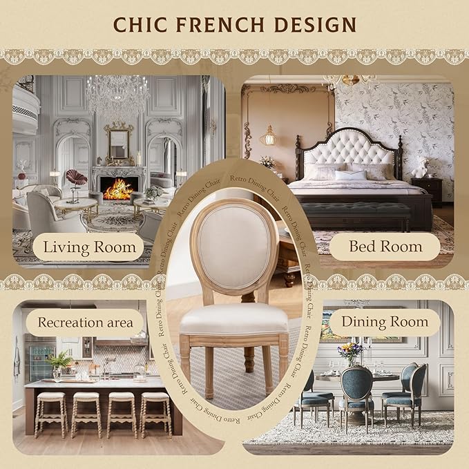 SoarFlash Linen French Dining Chairs Set of 2, Vantage Dining Chair with Round Back, Wood Leg Farmhouse Country Dining Chair for Living Room,Kitchen,Bedroom,Beige